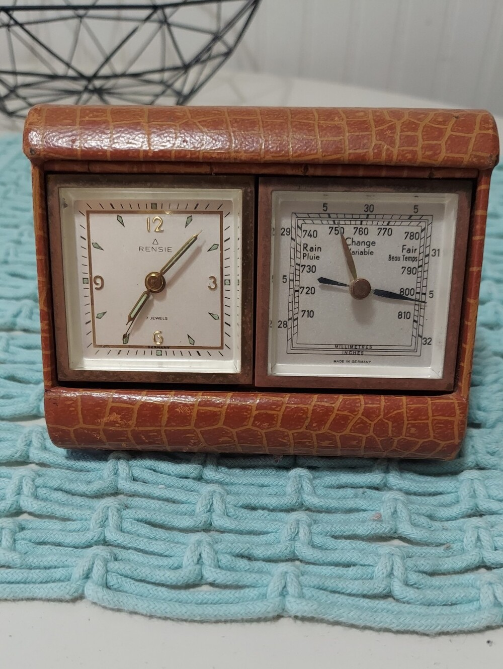 Rensie - Mid Century Brown Travel Clock and Barometer Set
